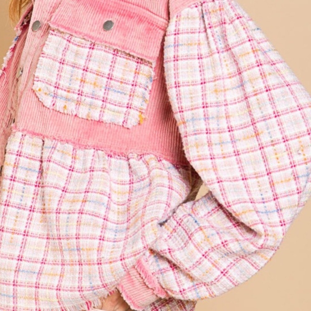 Corduroy Tweed Ballon Sleeves Pink Womens Shacket Button Down - Picture 7 of 11